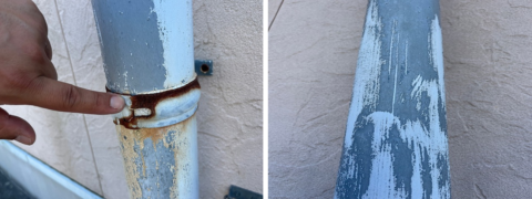 雨樋の塗膜剥離と鉄部のサビ