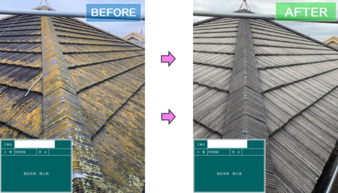 高圧洗浄前と後の屋根